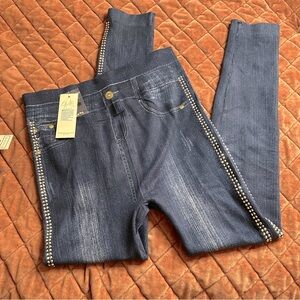 NWT Blue Faux Denim Embellished Leggings
